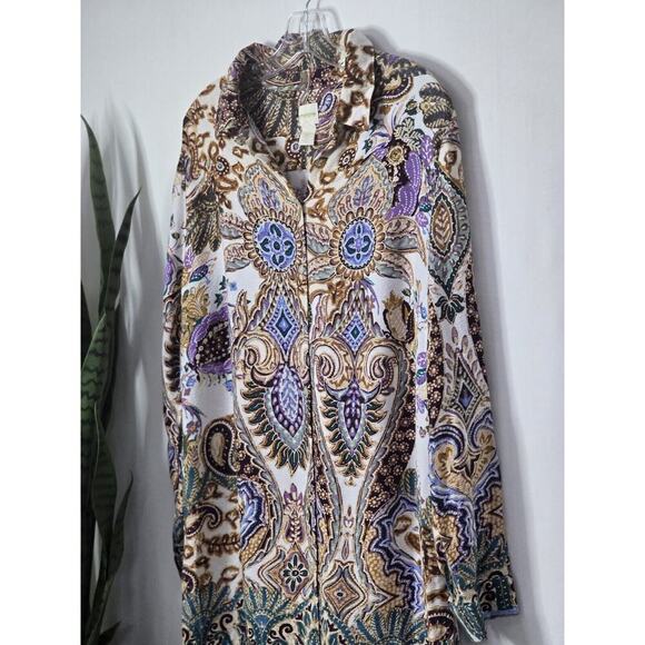 CHICO'S Paisley Patch Shirt Tunic Size 2 (L) Boho Long Sleeve Button Front Top - Picture 3 of 8